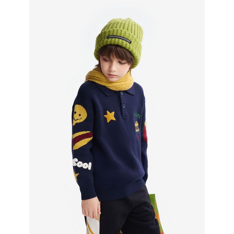 Mqd Kidsren's Clothing Boys' Sweaters 2025 Winter New Style Lapel Knitwear Kidsren's Preppy Style Jacquard Knitwear