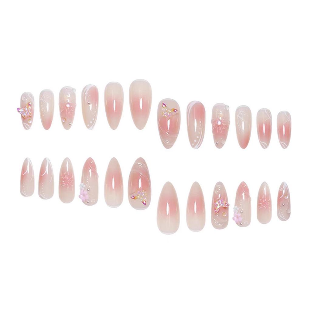 Blush Almond False Nails with Flower Decor Natural Unbreakable Nail Simple Wear for Shopping Traveling Dating