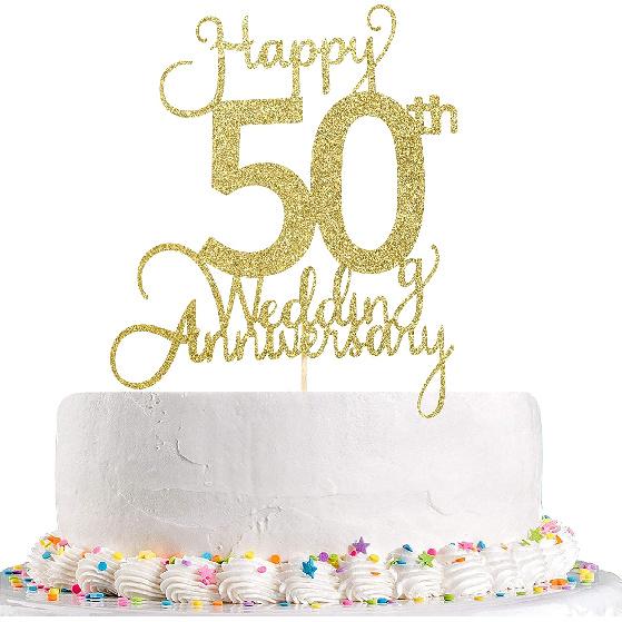 Wedding Anniversary Cake Topper - 50th Anniversary Party Decoration, Premium Gold Sequ, Happy Anniversary Cake Decoration