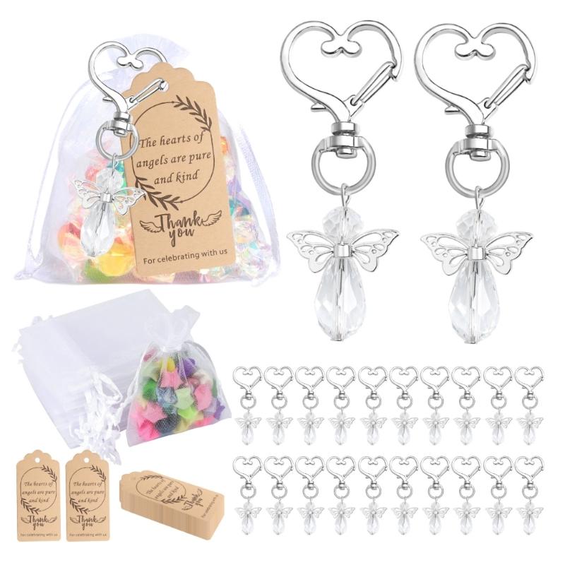 30Pcs Angel Wing Charm Keychain Decorative Key Holder with Drawstring Gauze Bag and Labels for Baby Showers Wedding