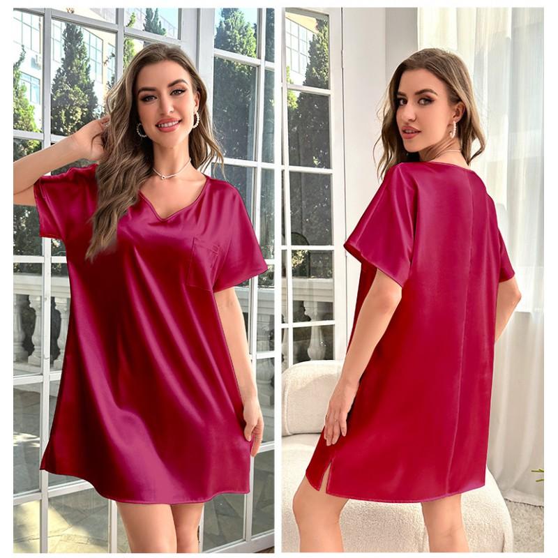 Womens Plus Size Ice Silk Sleep Dress Lightweight V-Neck Short Sleeve Nightgown Home Comfort
