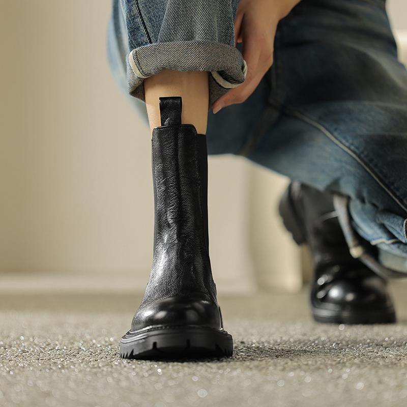 Krazing Pot Cow Leather Autumn Winter Shoes Round Toe Platform Plus Size Basic Clothing Thick Med Heels Slip On Chelsea Boots Women Ankle Boots