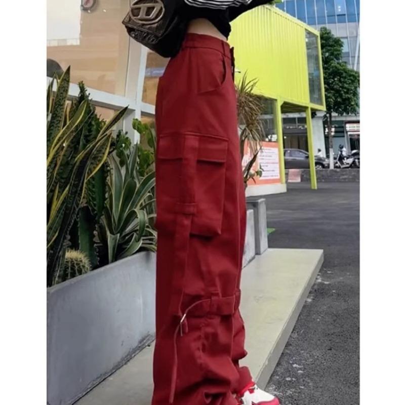 Spring Autumn Hipster Loose Casual Pockets Cargo Pants Women Solid Color Fashion All-match Wide Leg Trousers