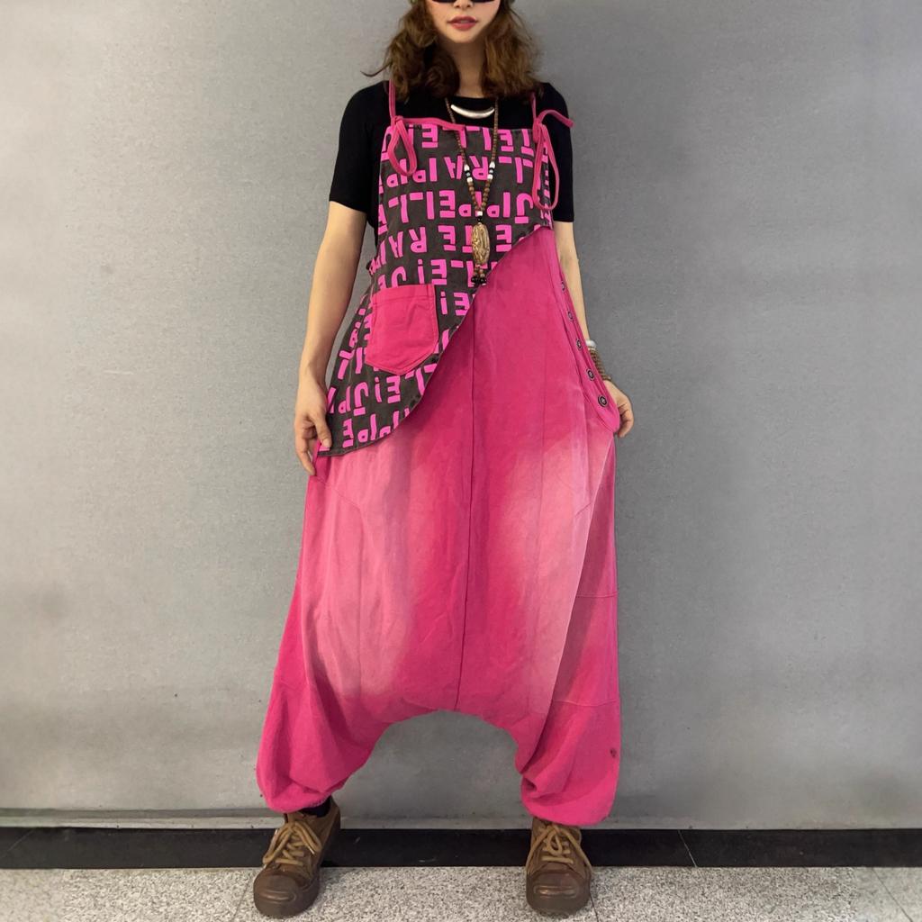Retro personality old letter splicing overalls women's summer new large size fat sister jumpsuit tide
