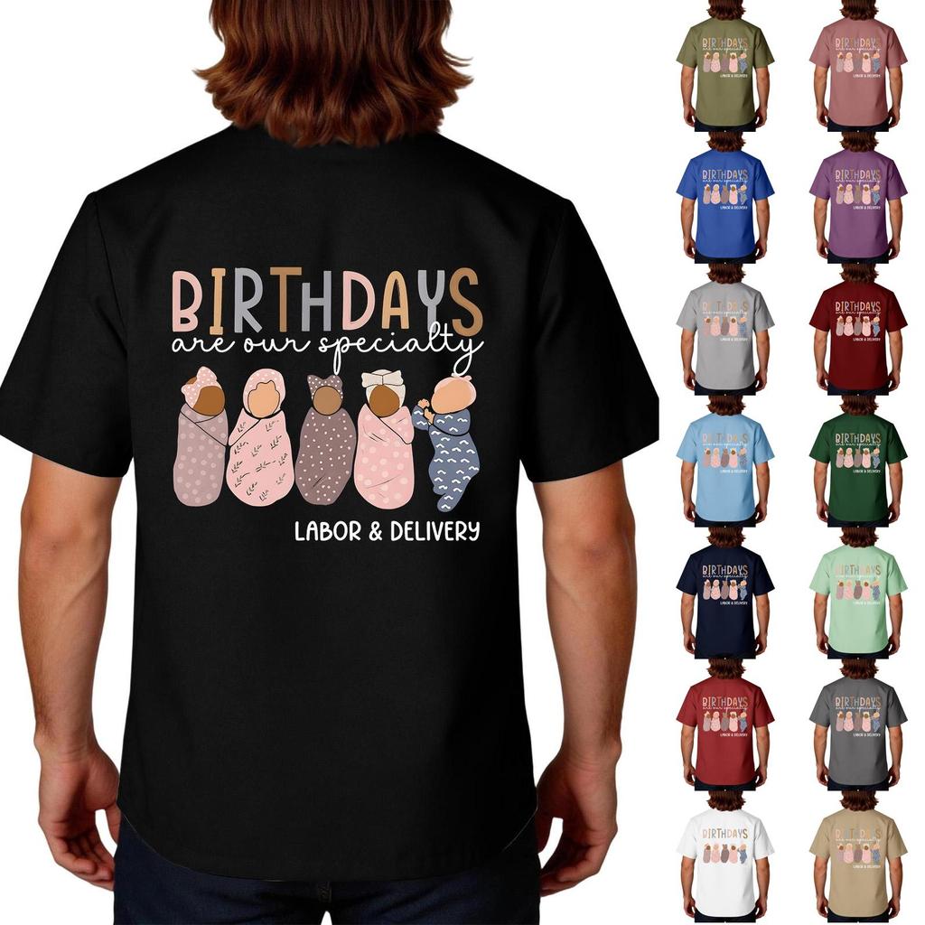 Men's Short Sleeve V Neck Work Shirt with Pocket Labor Day Print USA Healthcare Uniform Top for Caregivers and Medical Staff