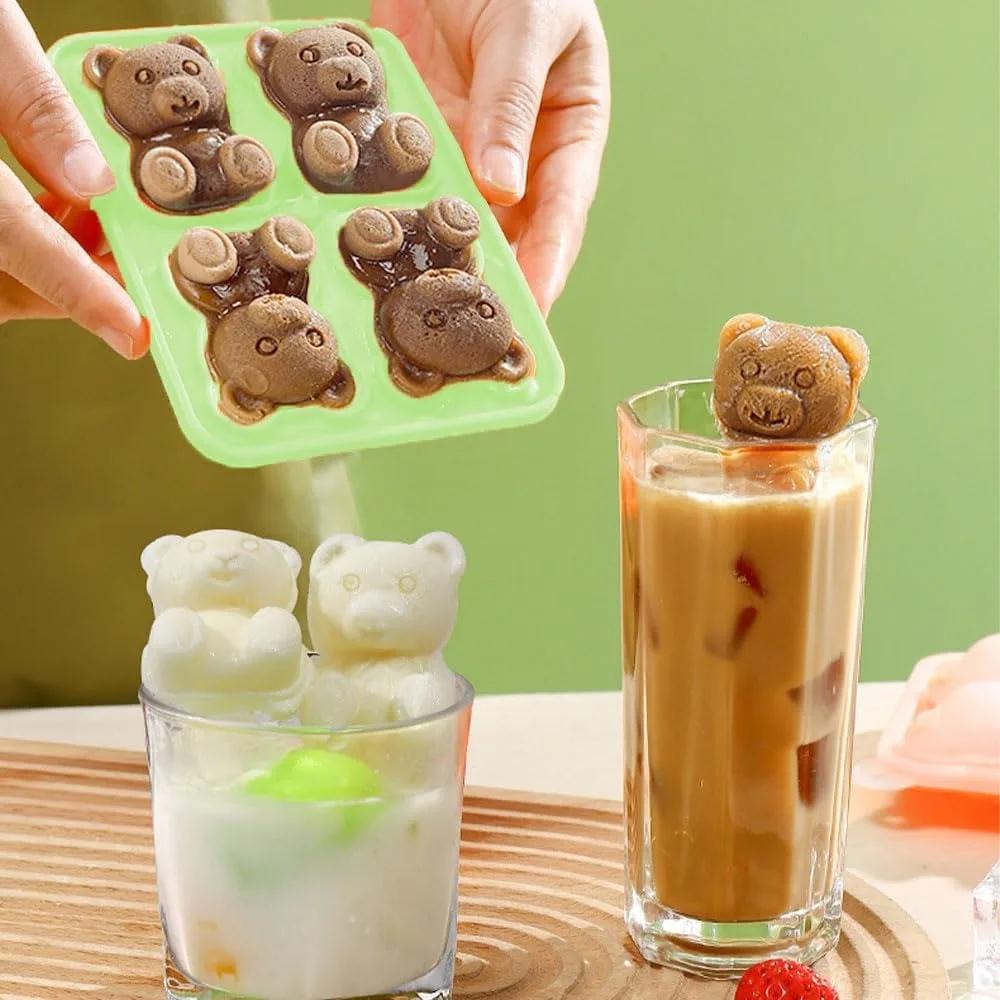 2Pcs Bear Ice Cube Tray 4 Cavities Silicone Bear Ice Cube Molds Lid 3D Bear Shape for DIY Water Drink Ice Coffee Juice Cocktail