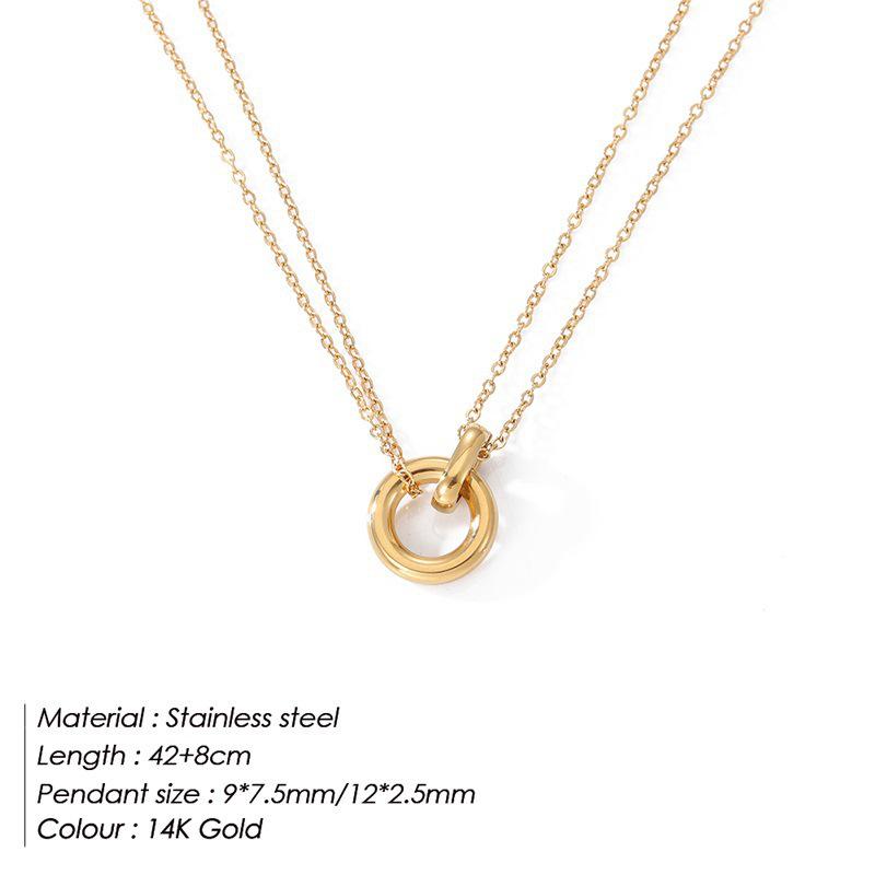 European Style Double Ring Pendant Necklace for Women - 14K Gold Plated Titanium Steel Clavicle Chain