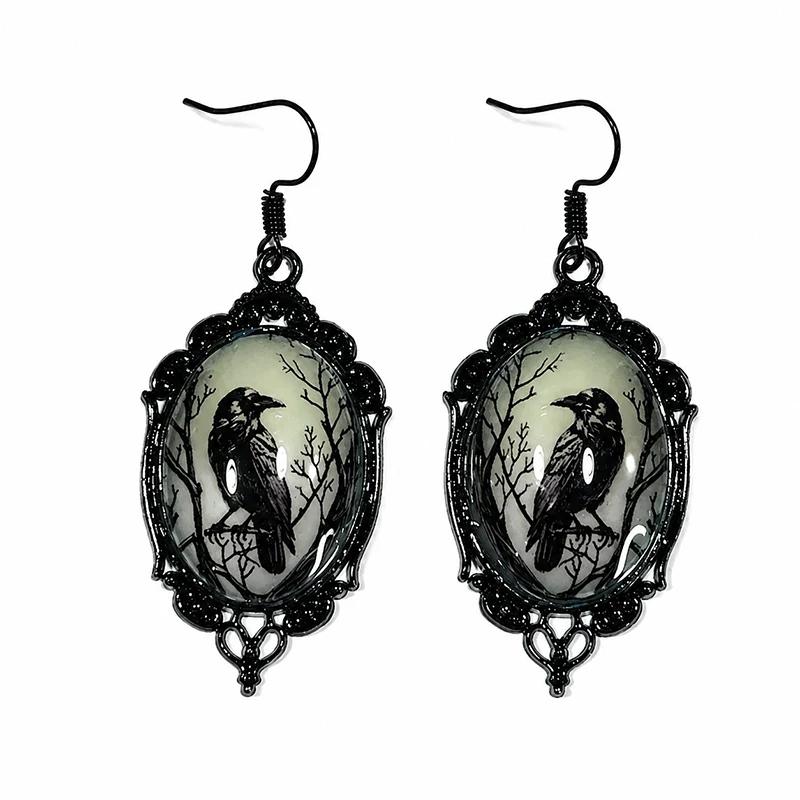 Gothic Luminous Bat Crow Glass Dangle Earrings Vintage Black Metal Drop Jewelry For Women Halloween Party Accessory