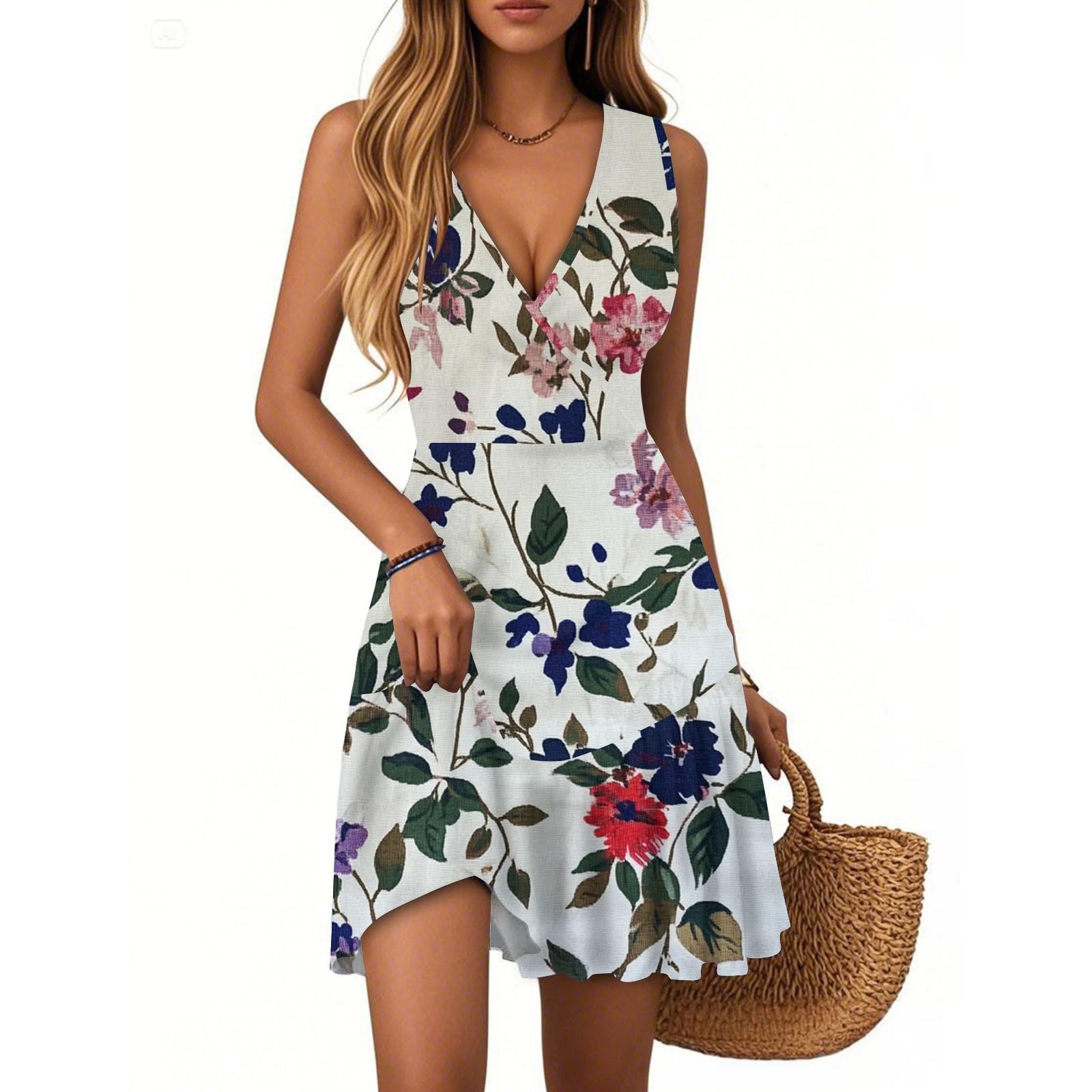 

Жіноча сукня V-подібний виріз Без рукавів Повсякденна Квітковий принт Поділ плісе XXL Темно-синій