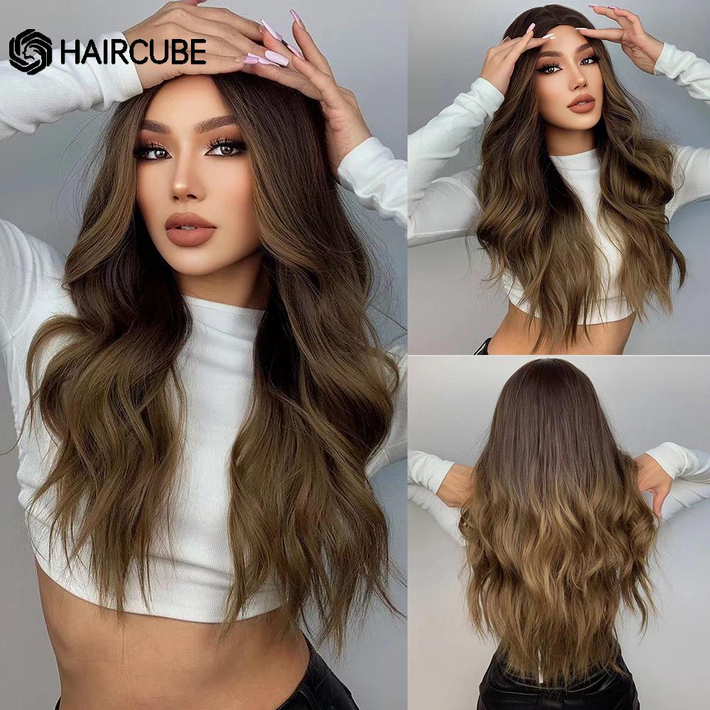 HAIRCUBE White Platinum Mixed Brown Synthetic Wigs Long Wavy Natural Hair Wigs for Women Middle Part Daily Heat Resistant Wigs
