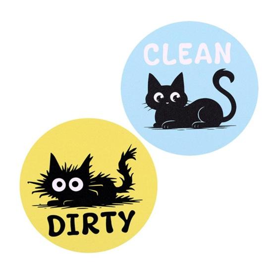 Dishwasher Clean Dirty Magnet Sign Cute Cat Round Magnetic Fridge Sticker Single-Sided Magnetic Indicator