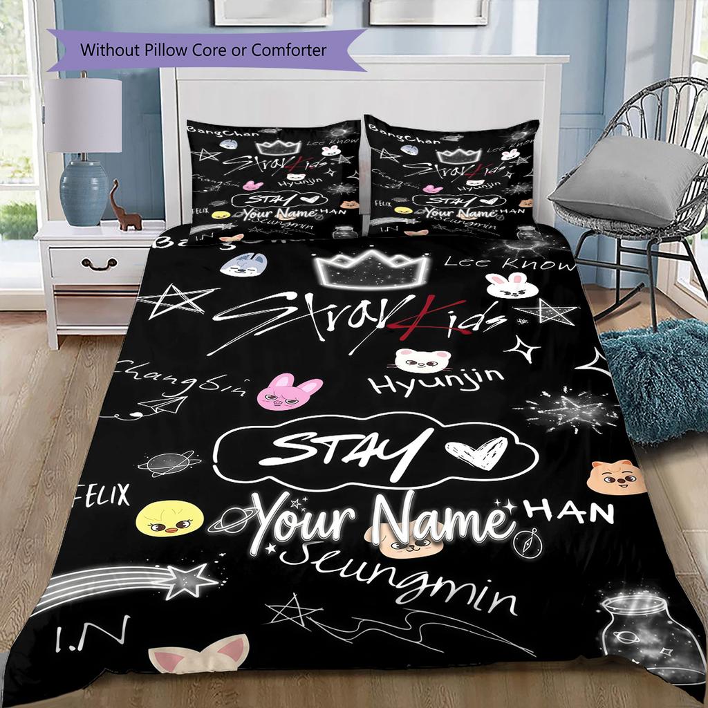 Custom Name Stray Kids Fan Art Bedding,Quilt Set Quilt Cover Pillowcase Home Birthday Gift (1 * duvet cover + 2 * pillowcase, without core)