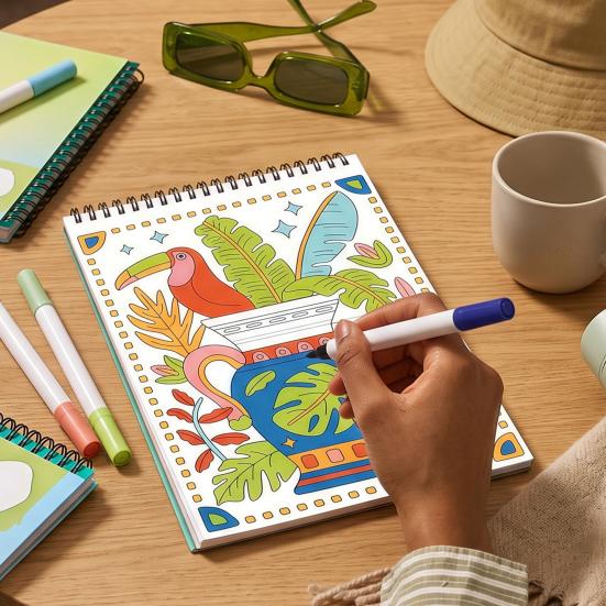 Stress Relief Coloring Activity Trace-By-Groove Guided Book, Clear Artistic Printing with 20 Decorative Double Sided Marker Pen Set Scenes And