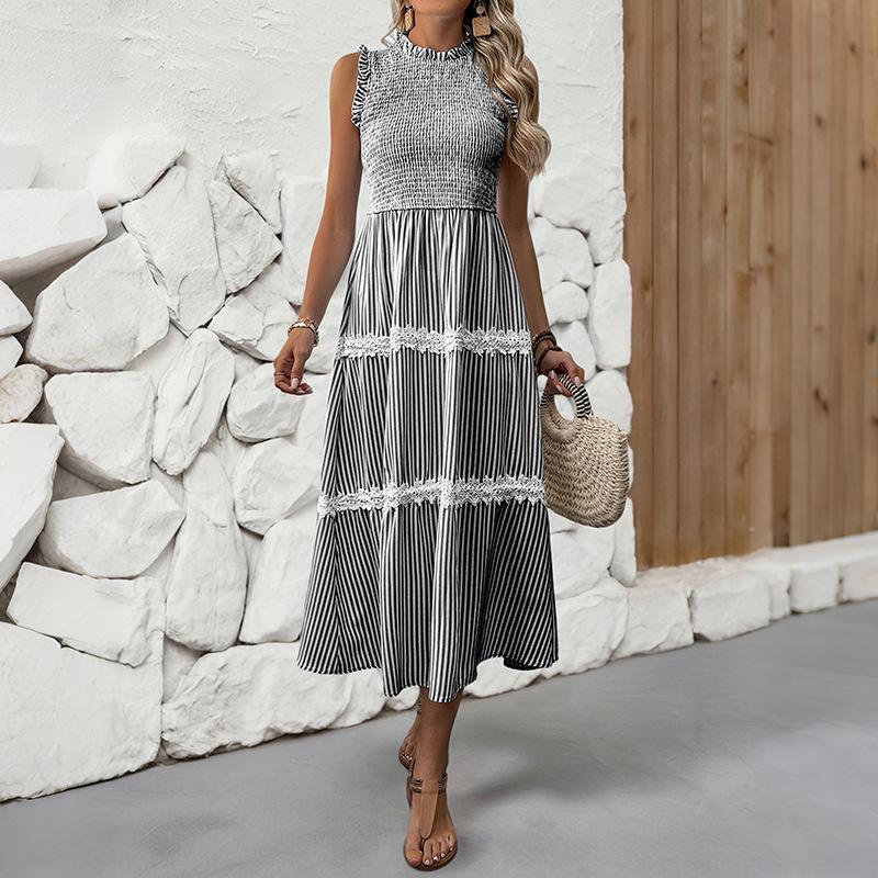 Summer New Style Casual Sweet Dress for Women Featuring Lace, Frills At The Ears, Sleeveless and Striped Design.