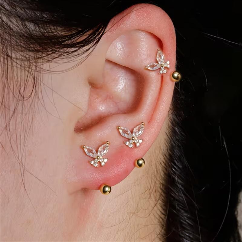 2PCS Elegant Butterfly Screw Stud Earrings Shiny Zirconia Ladies Fashion Helix Lobe Piercing Jewelry Trendy Daily Wear Or Gifts