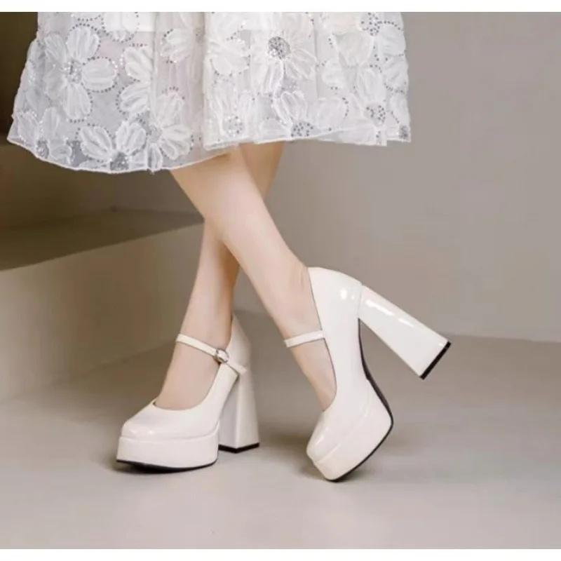 French Design High Heels Mary Janes Women's Black Shoes American Style Mid Heel Single Shoes Polyurethane Upgraded Version