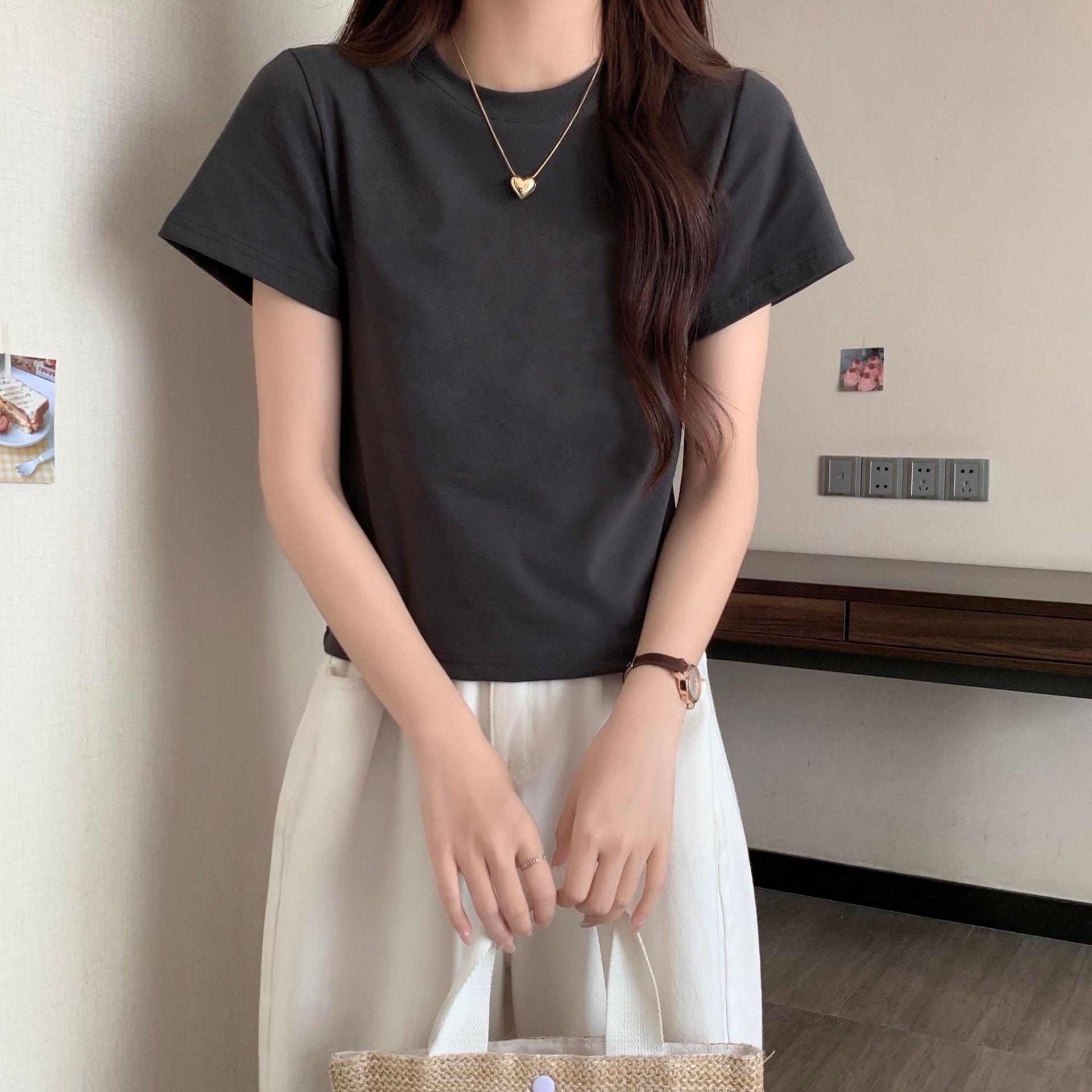 

Летняя новая однотонная футболка с короткими рукавами и открытыми плечами для женщин, с круглым вырезом, приталенная, базовая, универсальный топ, базовая футболка XL