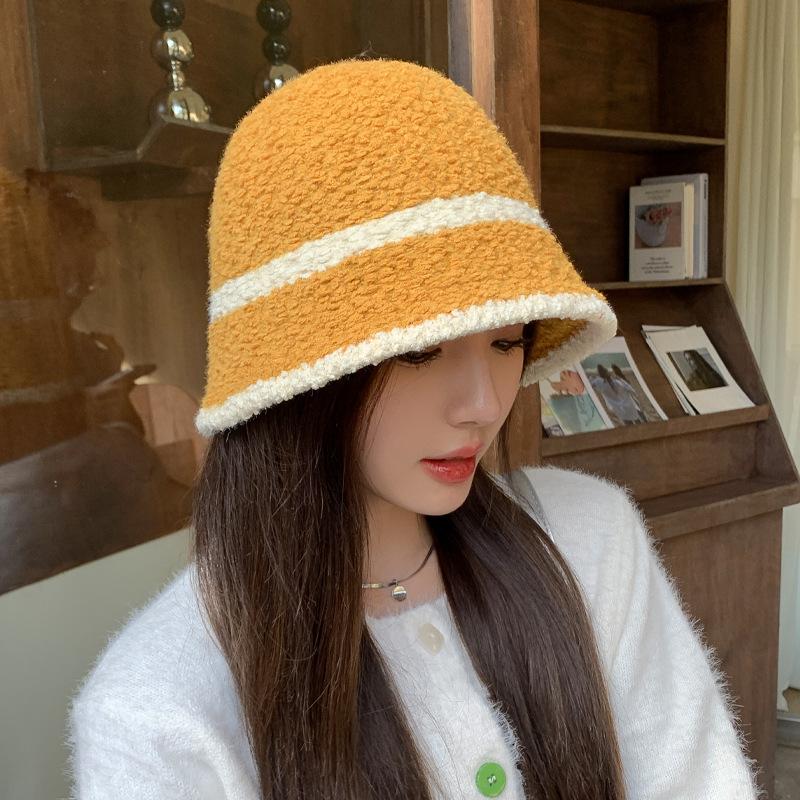 Autumn and winter big head circumference hat female plain bucket hat female winter warm washbasin hat solid color striped bucket hat