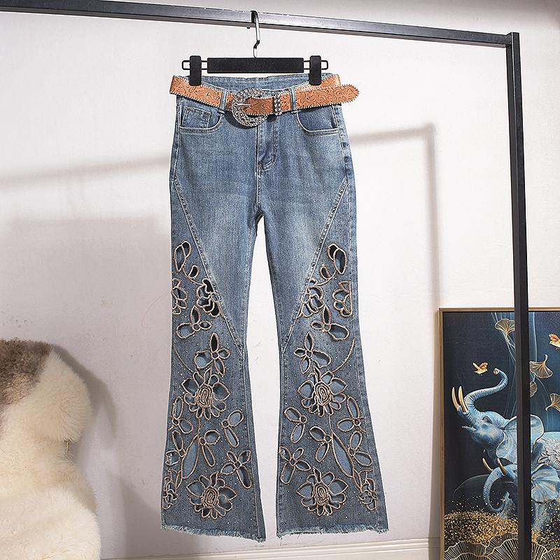 Europe, America Summer New Fashion Heavy Industry Hot Diamond Hollow Embroidered Jeans Femininity Thin Versatile Nine Points Slightly Pull