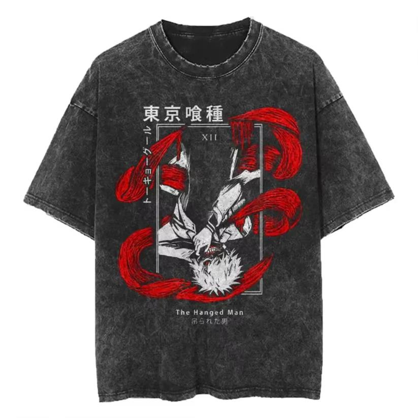 Women's Washed Tokyo Ghoul Ken Kaneki Vintage Washed T-Shirt Sweatshirt Crew Neck Anime Shirt for Fans Clothing Top
