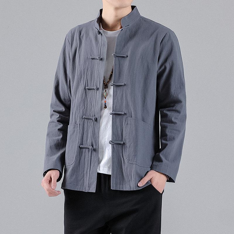 Men's Spring and Autumn Casual Ethnic Style Solid Color Long-sleeved Shirt