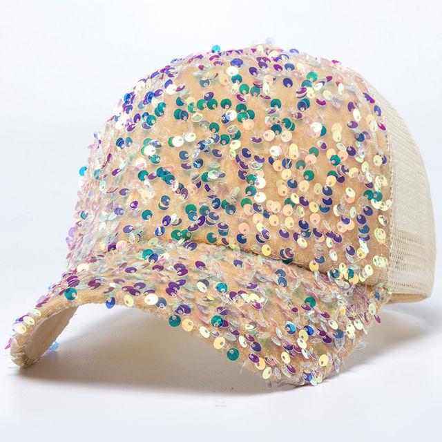 Polyester Sun Protection Baseball Cap With Shimmering Sequins For Outdoor Summer Activities