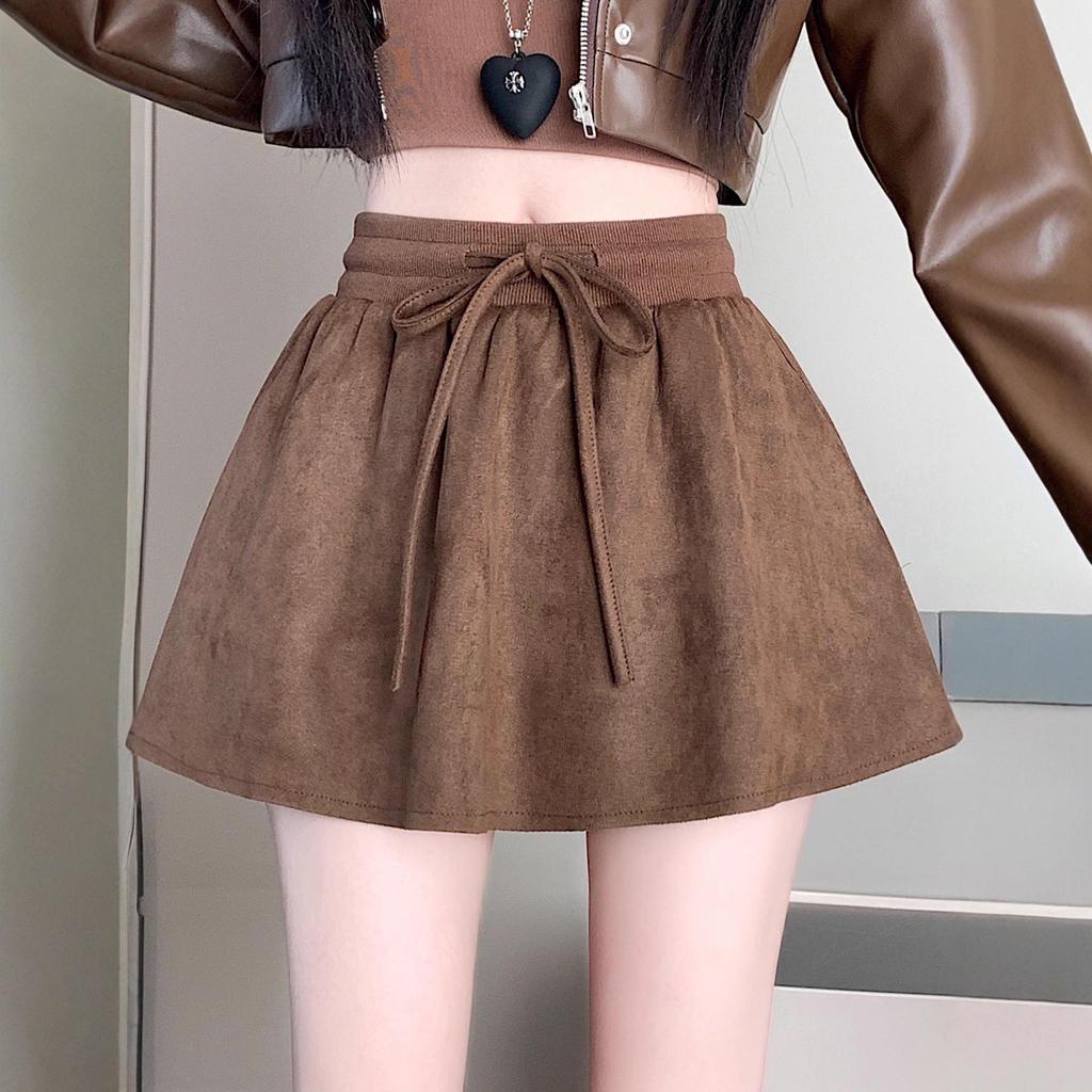 Women's Suede Fluff Elastic Waist Anti-exposure A-line Skirt - Autumn/Winter Retro Korean Style Temperament Petite Short Skirt