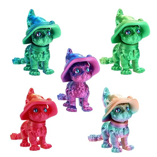 3D Printed Wizard Cat Articulated Cat Ornament with Detachable Wizard Hat Interactive Desktop Pet Stress Relief Toy for Home Office Decoration