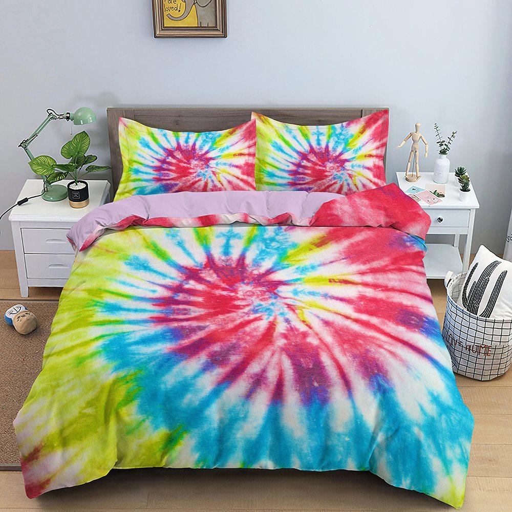 Three-Piece 3D Digital Printing Rainbow Color Striped Quilt Set Three-Piece Bedding