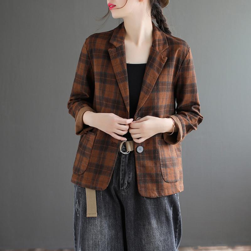 Autumn Women Jackets Coat Retro Blazers Suit Vintage Notched Collar Long Sleeve Plaid Jacket