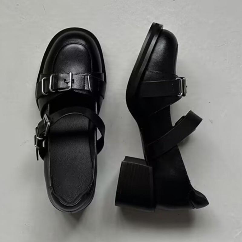 Women's Thick Heel Shoes Autumn New Round Head Shallow Mouth Metal Buckle Thick Sole Anti-slip Wear-resistant Low-top Shoes