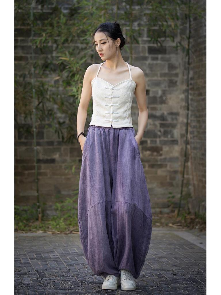 2025 Oryginalne Wysokiej Jakości Spodnie Casualowe Lantern Tie-Dye z Ramiączek - Luźne Szerokie Nogawki, Długie na Wiosnę/Lato