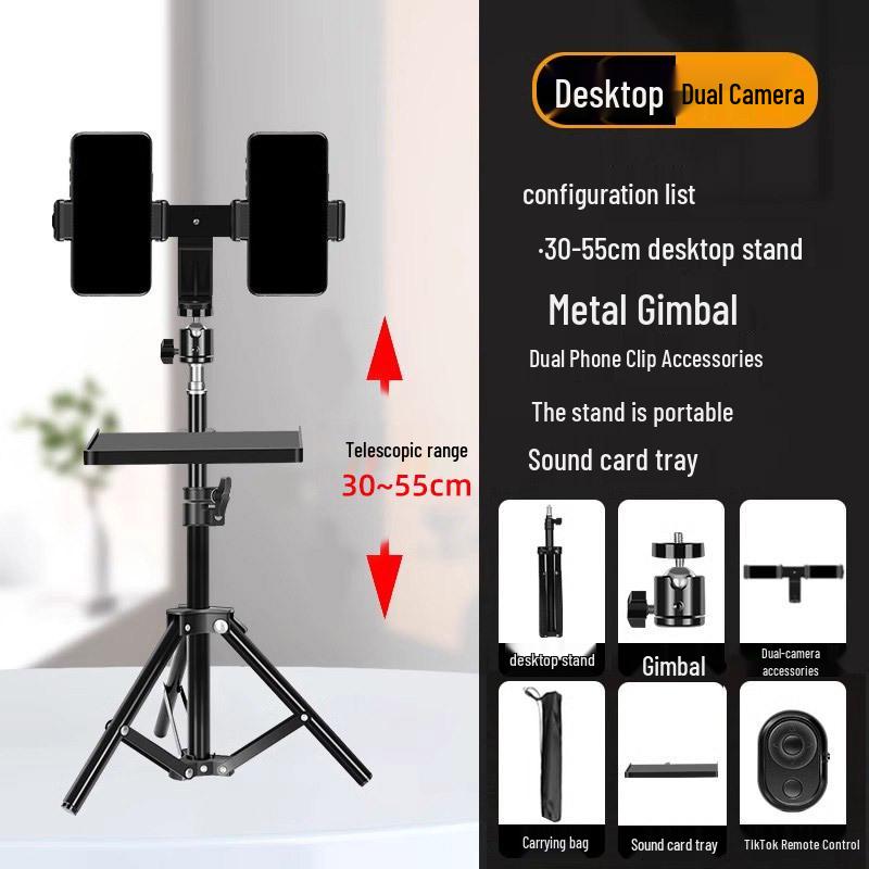 2025 Multi-Angle Phone Livestream Stand with Sound Card Tray & Tripod Support