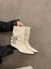 Pointed high heel brown small short boots women's shoes spring and autumn single boots retro belt buckle medium tube pants tube boots