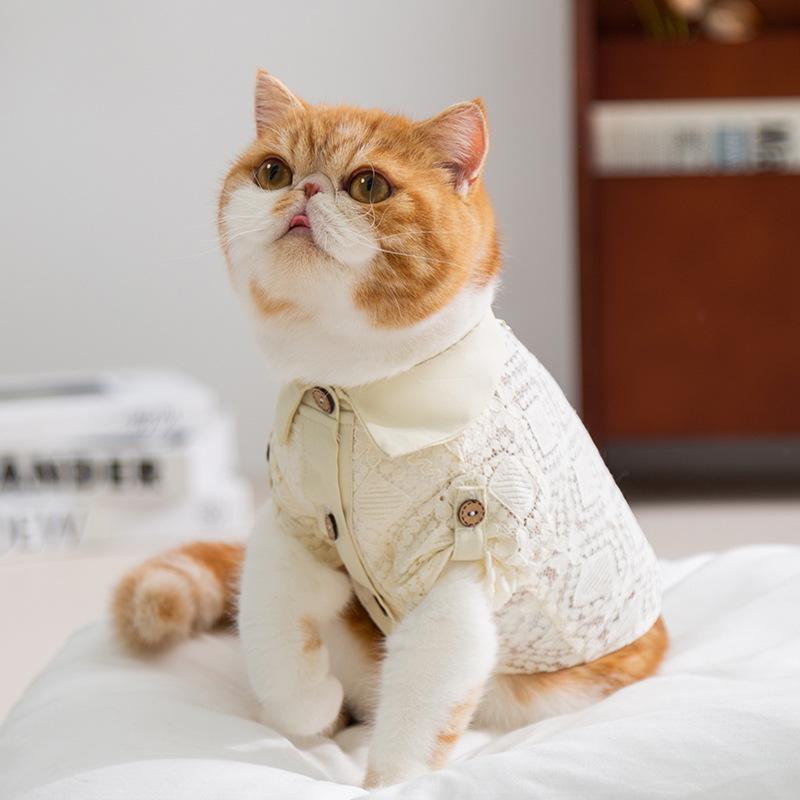 

Cat clothes spring and summer breathable lace pocket shirt collar vest blue cat hairless cat kitten puppy pet clothing XXL (recommended weight 15-10kg)