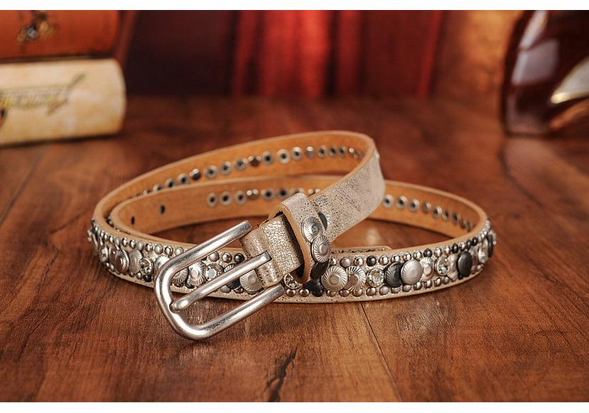 Ethnic Style Retro Rivet Leather Belt with Rhinestone Inlays for Women