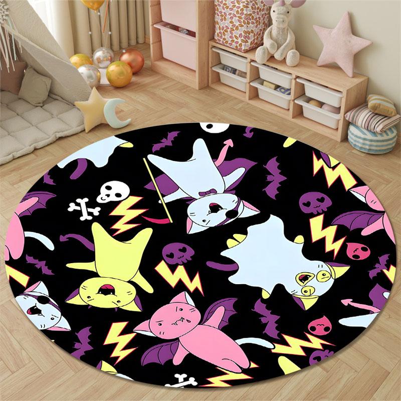 Halloween Cats A Pattern of Bat-Winged Cats and Skulls Round Rug, Purple Black Halloween Style Design, Soft Non-Slip Washable Area Mat