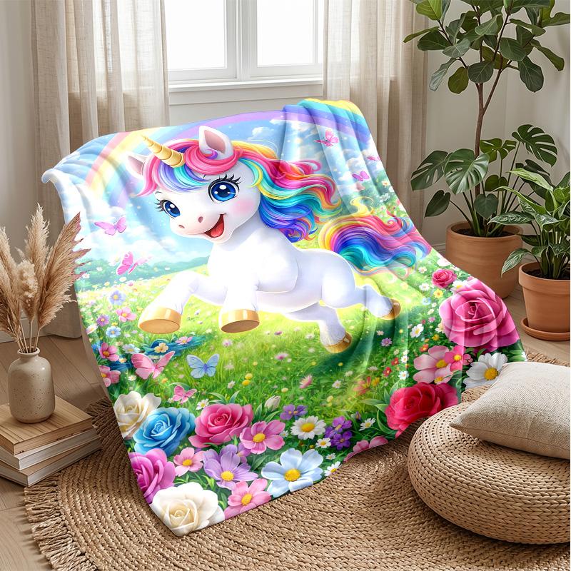 Rainbow Winged Unicorn Theme Blanket Lightweight Warm Flannel Blanket Decorative Throw Blanket for Home Decoration