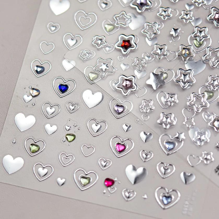 Colored Crystal Star Love Shiny Silver Hollowed Smudging Rainbow Flower Jelly Embossed Nail Art Stickers Manicure Decals