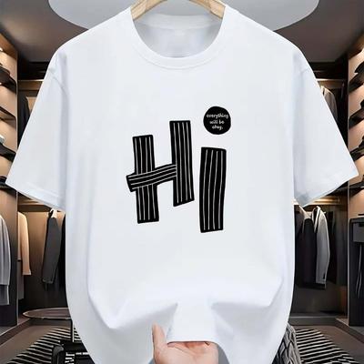 Summer Mens 100 Pure Fashion Cotton Casual Loose Fit Plus Size Hi Letter Pattern Printed Round Neck Short Sleeved Tshirt Top