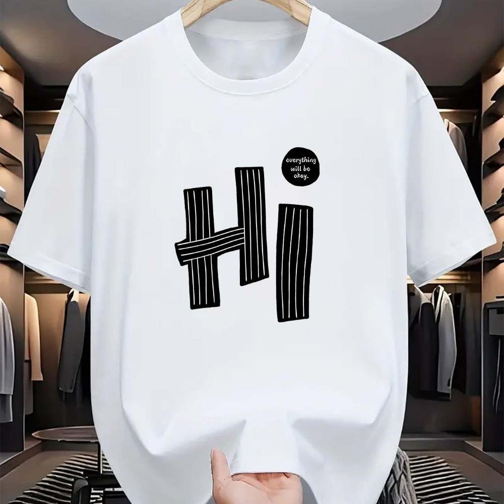 

Summer Men s 100% Pure Fashion Cotton Casual Loose Fit Plus Size Hi Letter Pattern Printed Round Neck Short Sleeved T-shirt Top S разноцветный