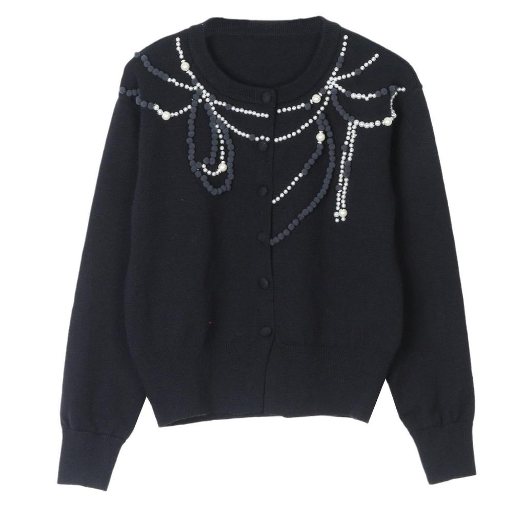 Versatile Slim Fit Knit Cardigan with Pearl Necklace - Spring/Autumn, Round Neck.
