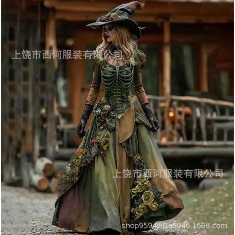 Abito Lungo da Donna con Stampa Sfumata Teschio Rosa Gotico Streetwear di Halloween