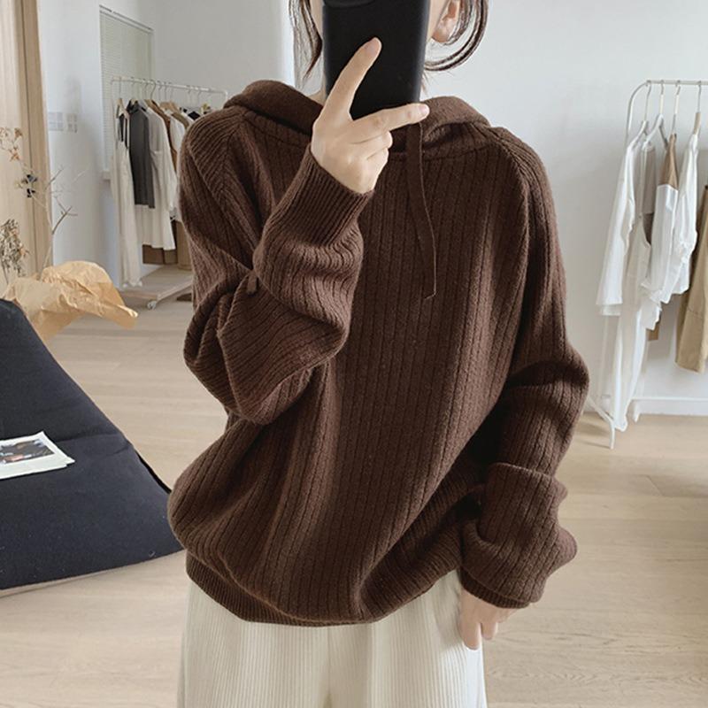 Hooded Pit Strip Pullover Sweater Women's Lazy Casual Soft Waxy and Thin Autumn and Winter New Loose Knitted Sweater