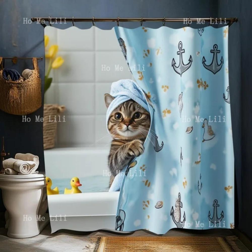 

Подглядывающая Морская Занавеска с Якорями, Принт Уток, Индивидуальные Шторки для Душа, Очаровательный Декор для Ванной Комнаты для Любителей Кошек 90x180 cm