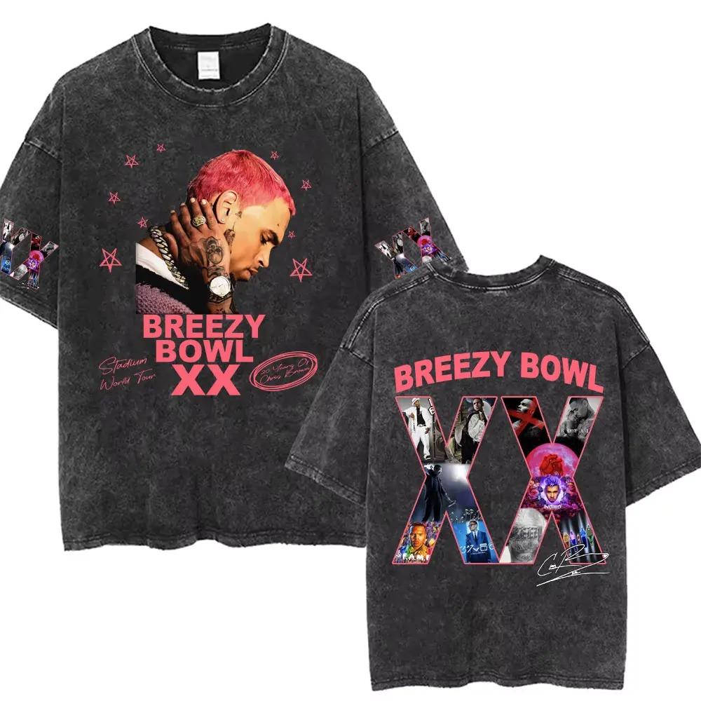 Vintage Washed Chris Brown Graphic T-shirt Breezy Bowl XX Tour 2026 Merch T Shirts Men Women Hip Hop Fashion Oversized T-shirts