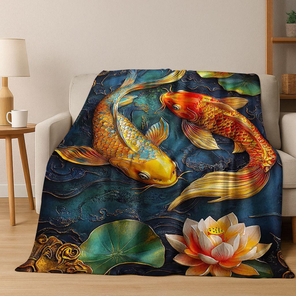 Luxuriöse Glückskarpfen Yin Yang Karpfen Cartoon Flanell Decke, Gemütliche Weiche Überwurfdecke für Zuhause Schlafzimmer Bett Sofa Abdeckung Geschenk Kind