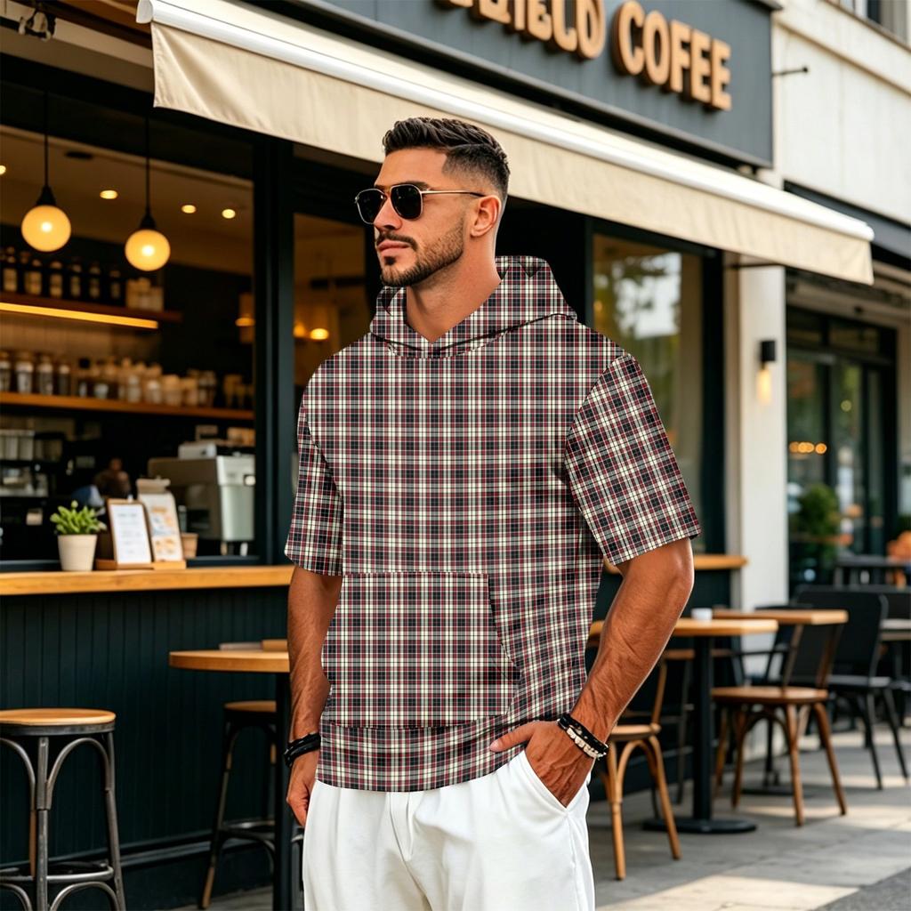 Felpa con Cappuccio da Uomo a Maniche Corte con Stampa a Quadri Retrò, Pullover Leggero Casual per l'Uso Quotidiano