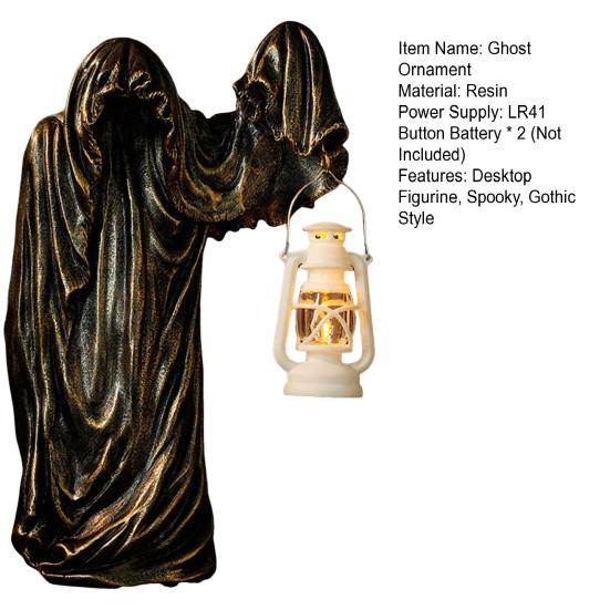 Ghost Wizard Figurine Halloween Ghost Statue with Light-up Lantern Vintage Gothic Ghost Sculpture for Indoor Mantel Cabinet Decoration