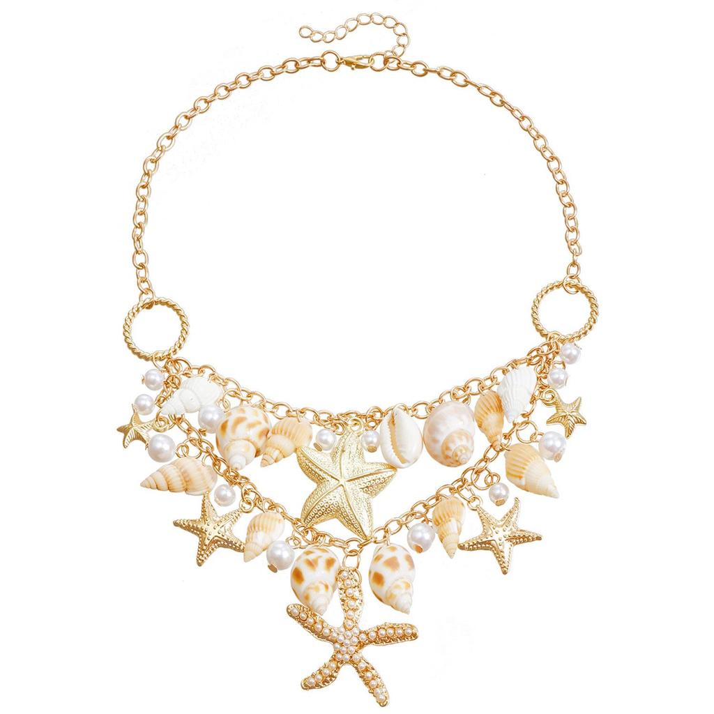 Stylish Summer Beach Starfish & Shell Pendant Waist Chain with Imitation Pearl & Tassel for Women